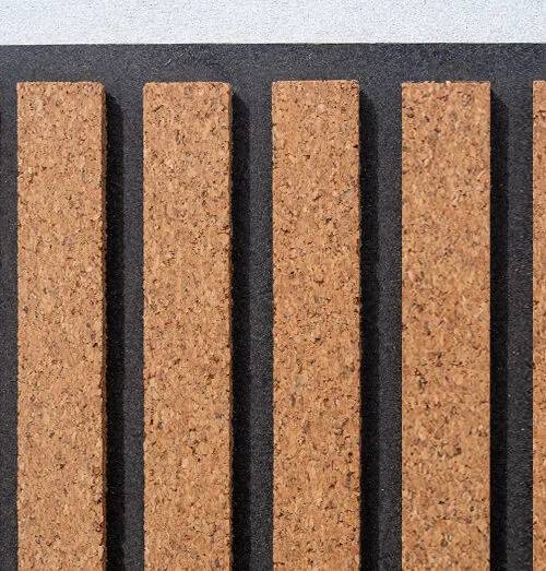 Slat Dark Natural 3D Acoustic Cork Wall Panel with natural cork slats and black acoustic backing