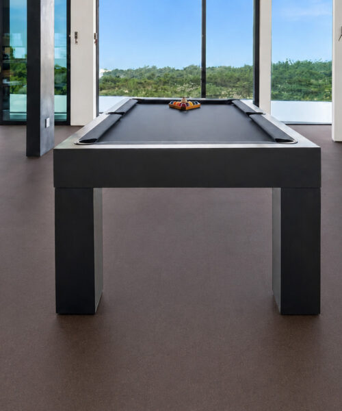 Night - 7/16" (11mm) - Swiss Real Cork Floating (FNig11) Night black floating cork flooring surrounds a pool table in a glass-walled modern recreation room.