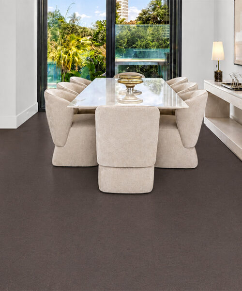 Night - 7/16" (11mm) - Swiss Real Cork Floating (FNig11) Night Swiss Real Cork Floating Flooring contrasts with cream dining chairs and lush garden views.