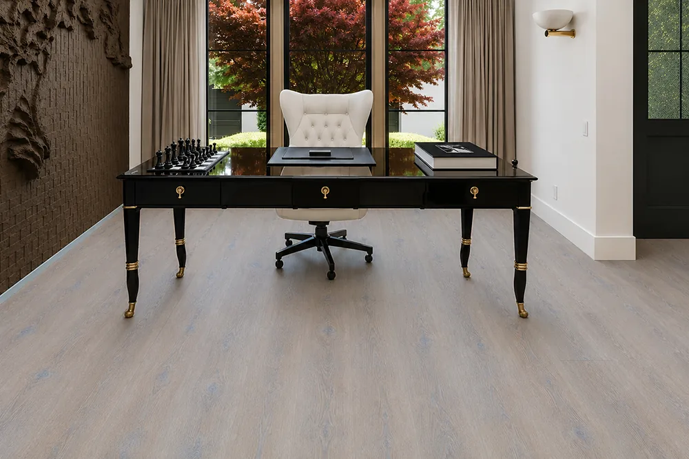 Nordic Oak - 3/8" (9.5mm) - Forna Natural Composite Flooring with Waterproof Hydrowood Core (NNorO9.5) Pale oak floating flooring throughout a modern office meeting room with executive furniture