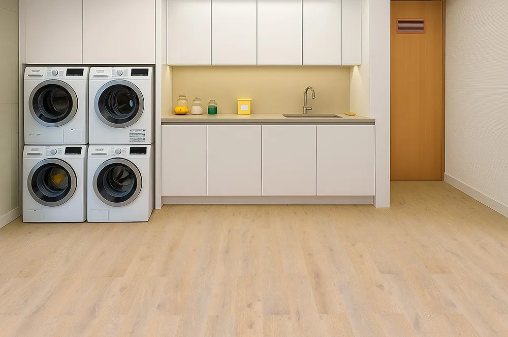 Nordic Oak - 3/8" (9.5mm) - Swiss Real Linoleum Hydrowood Core Waterproof Floating Flooring (NNorO9.5) Bright laundry room with Nordic Oak Swiss Linoleum Flooring, showing light oak planks, white cabinetry, stacked washers and dryers, and a clean minimalist design.