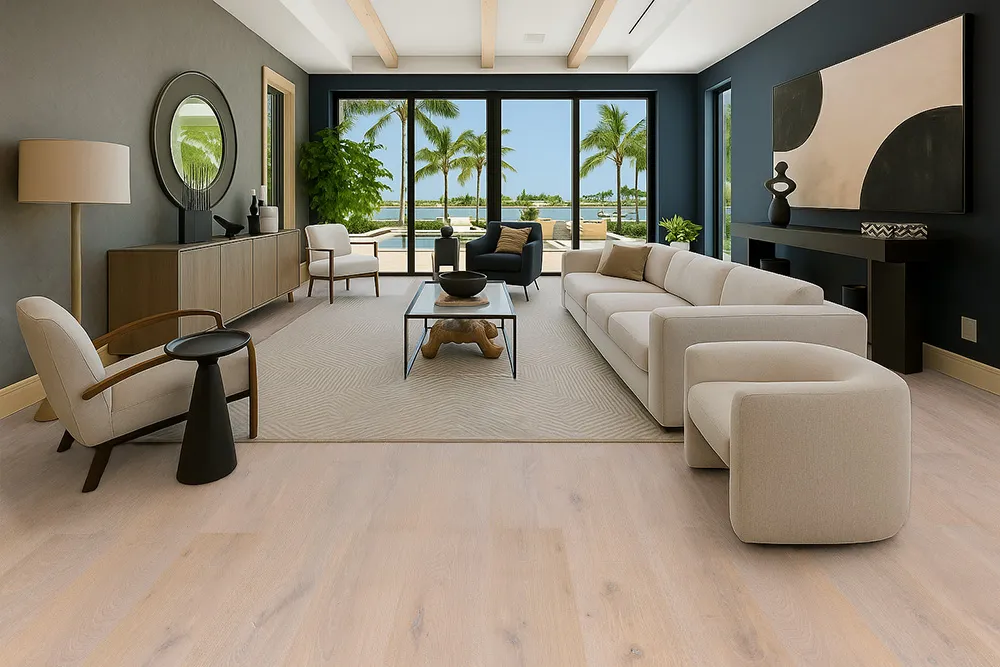 Nordic Oak - 3/8" (9.5mm) - Swiss Real Linoleum Hydrowood Core Waterproof Floating Flooring (NNorO9.5) Contemporary living room featuring Nordic Oak Swiss Real Linoleum Flooring in soft beige-oak tones, complemented by modern neutral furniture and a bright coastal view.