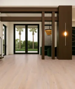 Stylish entryway with Nordic Oak Real Linoleum Floating Flooring, warm oak wood tones, tall windows, and architectural wood beams for a modern luxury look.