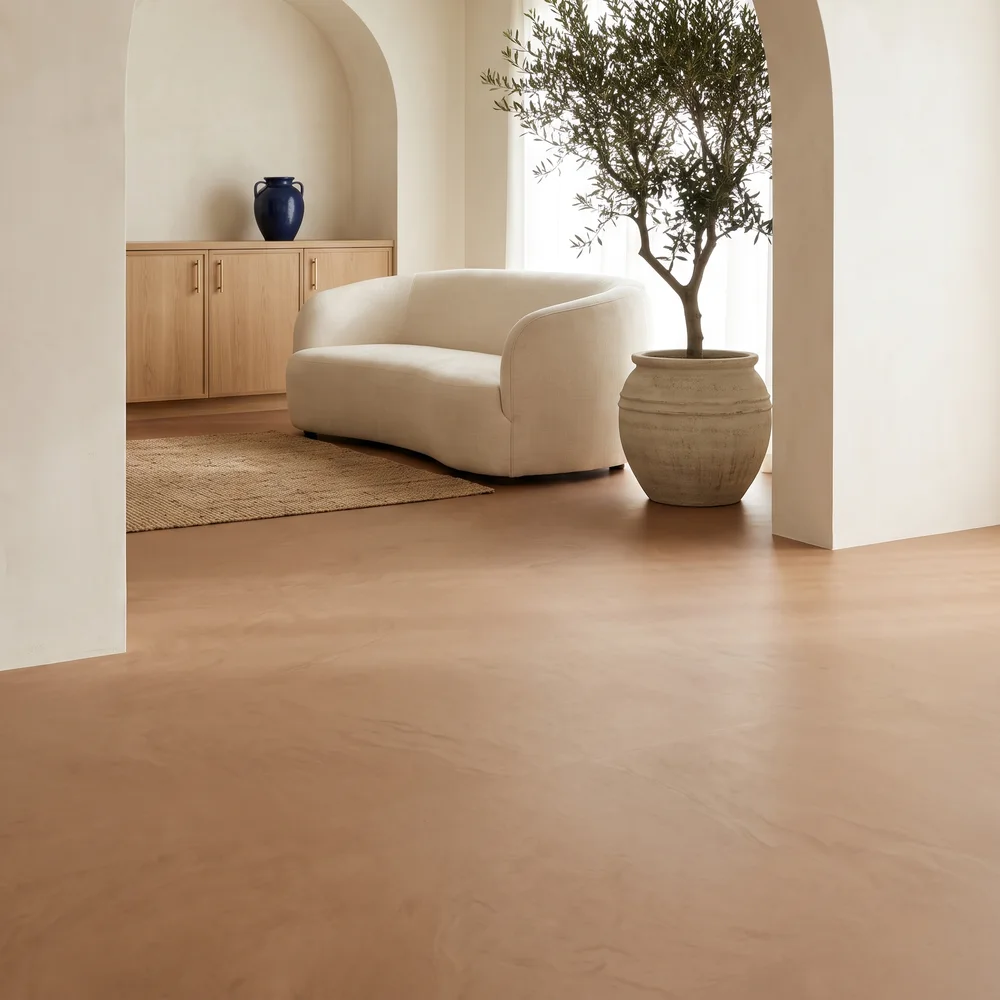 Nordic Oak - 3/8" (9.5mm) - Swiss Real Linoleum Hydrowood Core Waterproof Floating Flooring (NNorO9.5) Stylish entryway with Nordic Oak Real Linoleum Floating Flooring, warm oak wood tones, tall windows, and architectural wood beams for a modern luxury look.