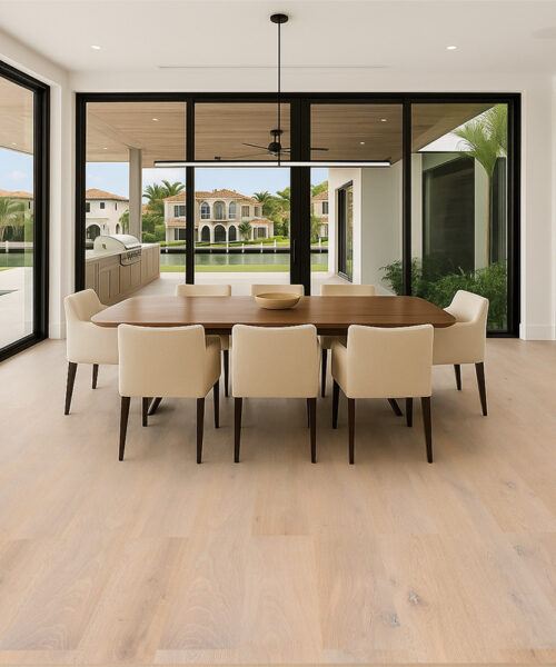 Nordic Oak - 3/8" (9.5mm) - Swiss Real Linoleum Hydrowood Core Waterproof Floating Flooring (NNorO9.5) Elegant dining space with Nordic Oak Swiss Linoleum Floating Flooring, light natural wood look planks, and expansive glass doors overlooking a modern outdoor area.