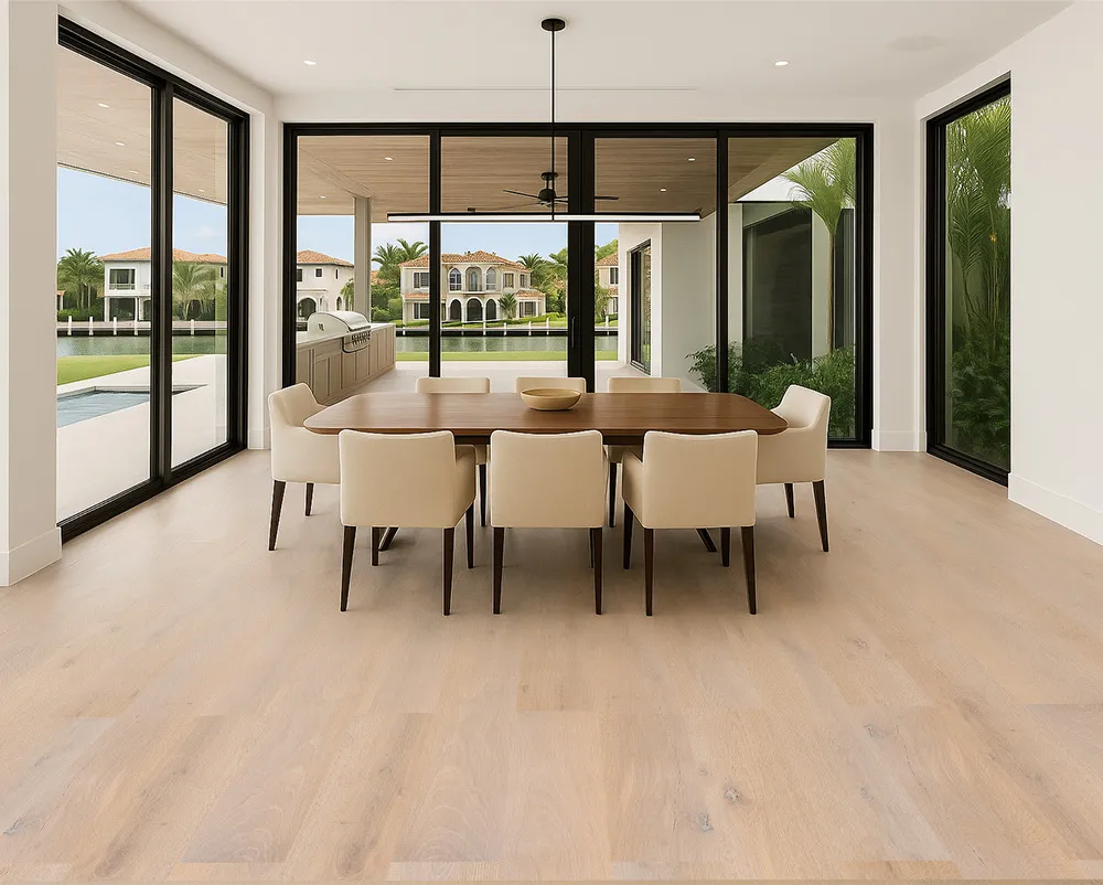 Nordic Oak - 3/8" (9.5mm) - Swiss Real Linoleum Hydrowood Core Waterproof Floating Flooring (NNorO9.5) Elegant dining space with Nordic Oak Swiss Linoleum Floating Flooring, light natural wood look planks, and expansive glass doors overlooking a modern outdoor area.