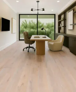 Nordic Oak - 3/8" (9.5mm) - Swiss Real Linoleum Hydrowood Core Waterproof Floating Flooring (NNorO9.5) Modern home office featuring Nordic Oak Swiss Real Linoleum Floating Flooring with soft natural oak tones, paired with built-in shelving, large windows, and a contemporary desk setup.