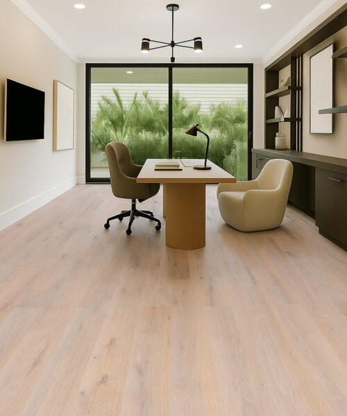 Nordic Oak - 3/8" (9.5mm) - Swiss Real Linoleum Hydrowood Core Waterproof Floating Flooring (NNorO9.5) Modern home office featuring Nordic Oak Swiss Real Linoleum Floating Flooring with soft natural oak tones, paired with built-in shelving, large windows, and a contemporary desk setup.