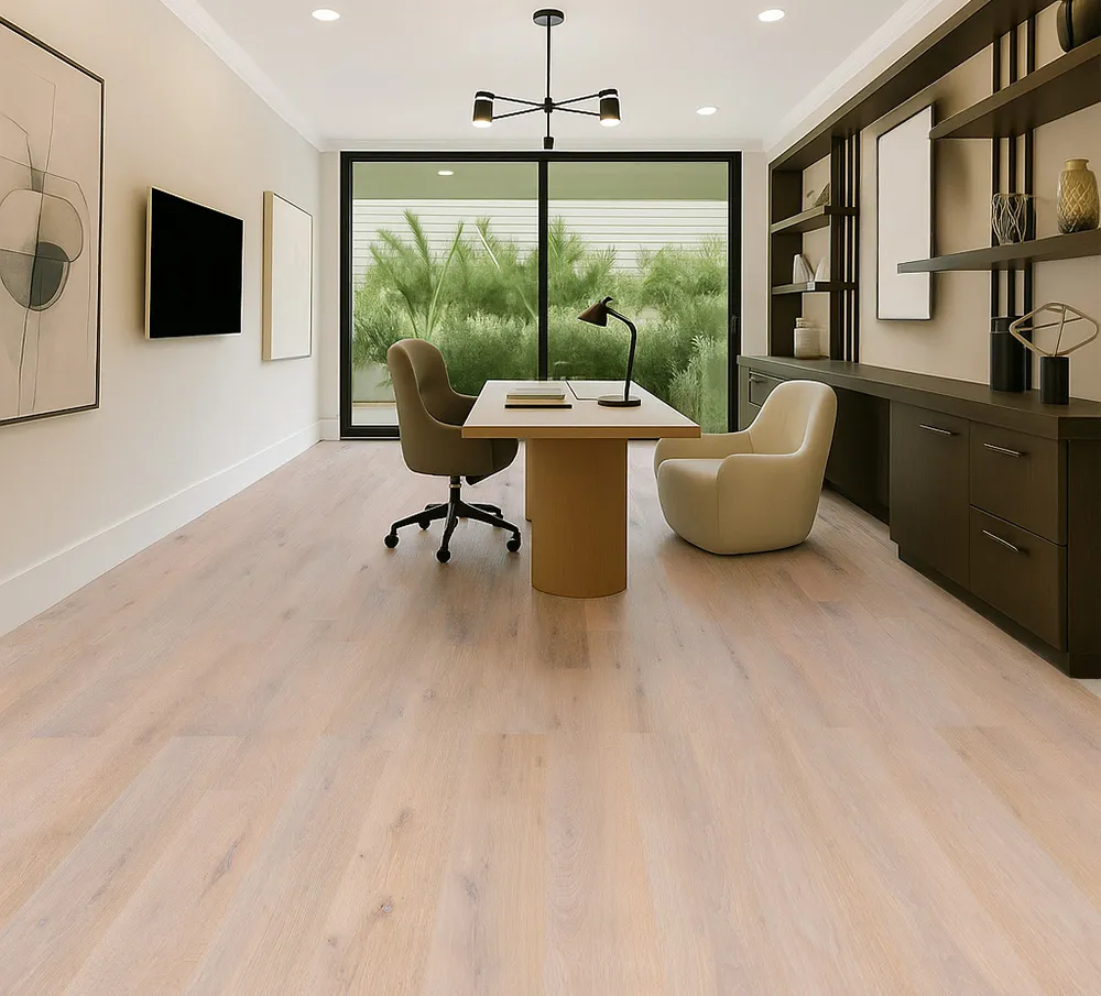 Nordic Oak - 3/8" (9.5mm) - Swiss Real Linoleum Hydrowood Core Waterproof Floating Flooring (NNorO9.5) Modern home office featuring Nordic Oak Swiss Real Linoleum Floating Flooring with soft natural oak tones, paired with built-in shelving, large windows, and a contemporary desk setup.