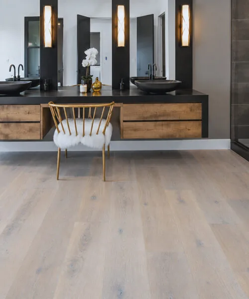 Nordic Oak - 3/8" (9.5mm) - Forna Natural Composite Flooring with Waterproof Hydrowood Core (NNorO9.5) Pale oak floating floor complementing a contemporary bathroom with black fixtures