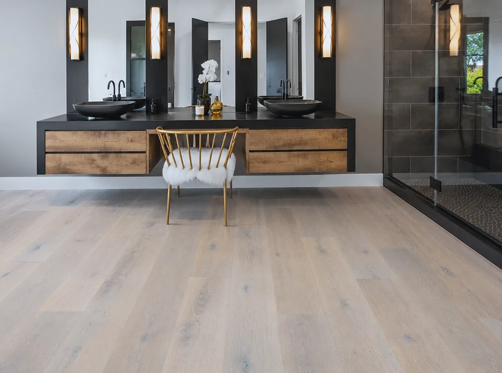 Nordic Oak - 3/8" (9.5mm) - Forna Natural Composite Flooring with Waterproof Hydrowood Core (NNorO9.5) Pale oak floating floor complementing a contemporary bathroom with black fixtures