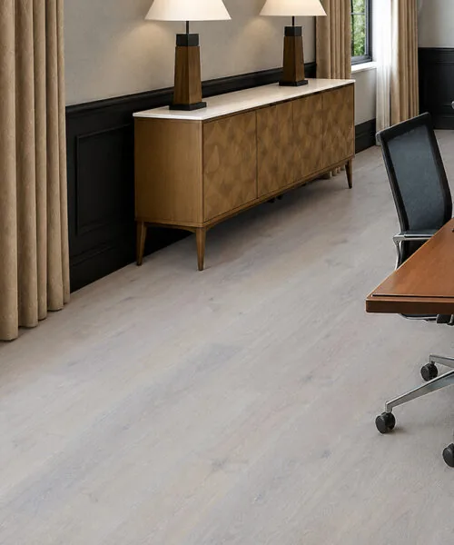 Nordic Oak - 3/8" (9.5mm) - Forna Natural Composite Flooring with Waterproof Hydrowood Core (NNorO9.5) Light Scandinavian oak floating floor in a sophisticated study with a traditional writing desk