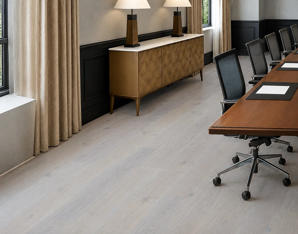 Nordic Oak - 3/8" (9.5mm) - Forna Natural Composite Flooring with Waterproof Hydrowood Core (NNorO9.5) Light Scandinavian oak floating floor in a sophisticated study with a traditional writing desk