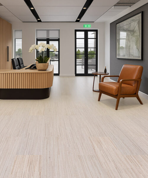 Vertical - 7/16" (11mm) - Swiss Real Cork Floating (FVtc11) Modern office reception space featuring Vertical Swiss cork flooring, natural wood textures, and minimalist décor for professional acoustic comfort.