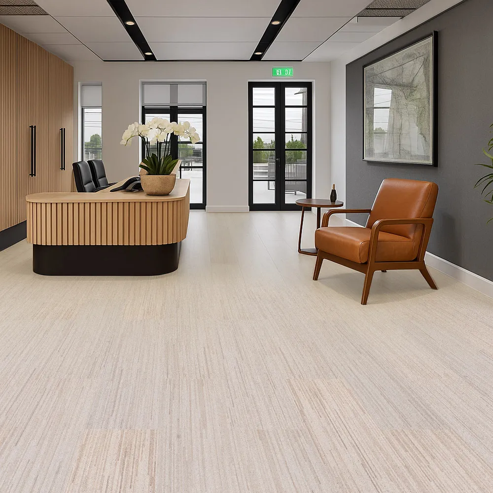 Vertical - 7/16" (11mm) - Swiss Real Cork Floating (FVtc11) Modern office reception space featuring Vertical Swiss cork flooring, natural wood textures, and minimalist décor for professional acoustic comfort.