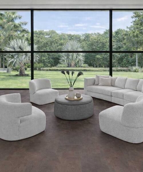 Contemporary living room design featuring Onxy Swiss cork flooring and minimalist furniture.