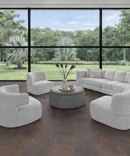 Contemporary living room design featuring Onxy Swiss cork flooring and minimalist furniture.