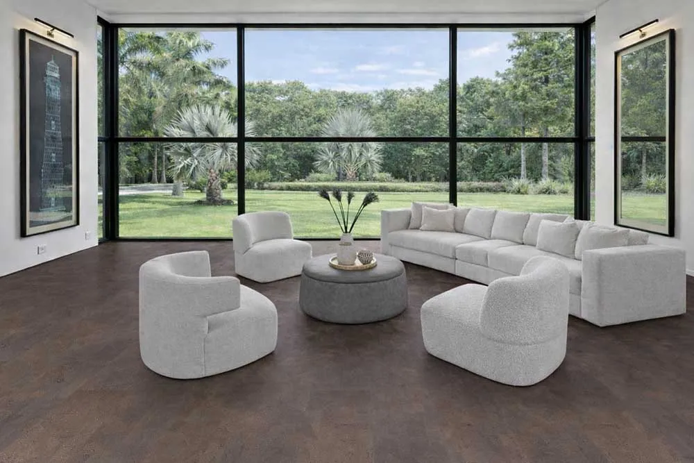 Contemporary living room design featuring Onxy Swiss cork flooring and minimalist furniture.