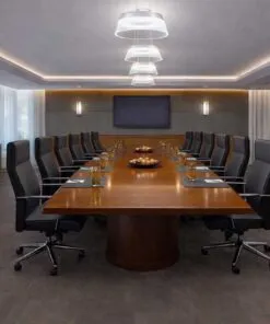Onyx - 7/16" (11mm) - Swiss Real Cork Floating (FOX11) Luxury corporate boardroom with dark Onxy Swiss cork flooring, modern meeting table and elegant office lighting.