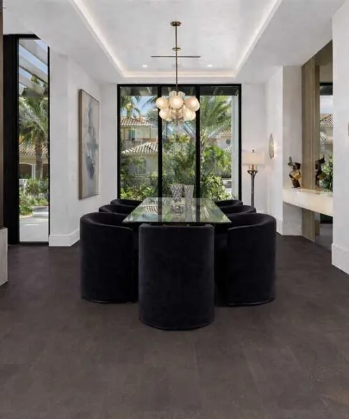 Elegant dining space with dark Onxy Swiss cork flooring, natural cork flooring perfect for modern interiors