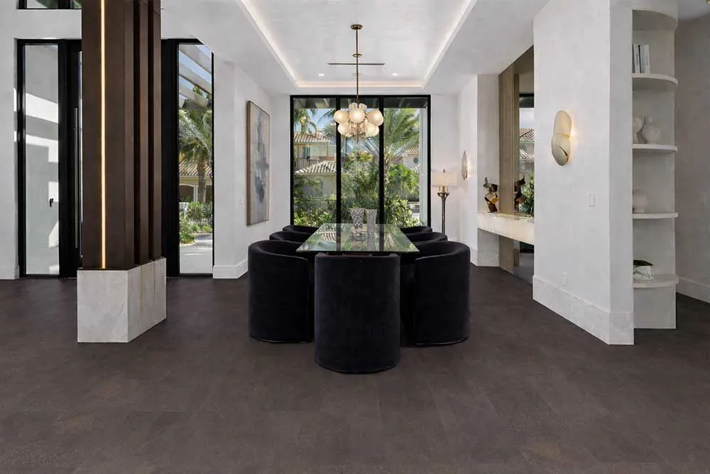 Elegant dining space with dark Onxy Swiss cork flooring, natural cork flooring perfect for modern interiors