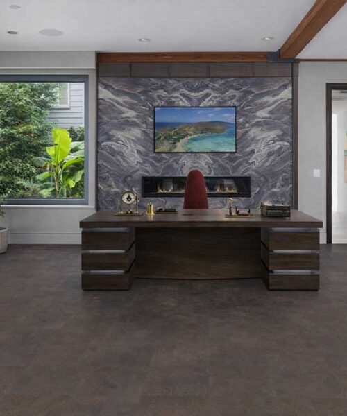 Luxury home office design featuring Onxy Swiss cork flooring, natural cork flooring for stylish interiors.