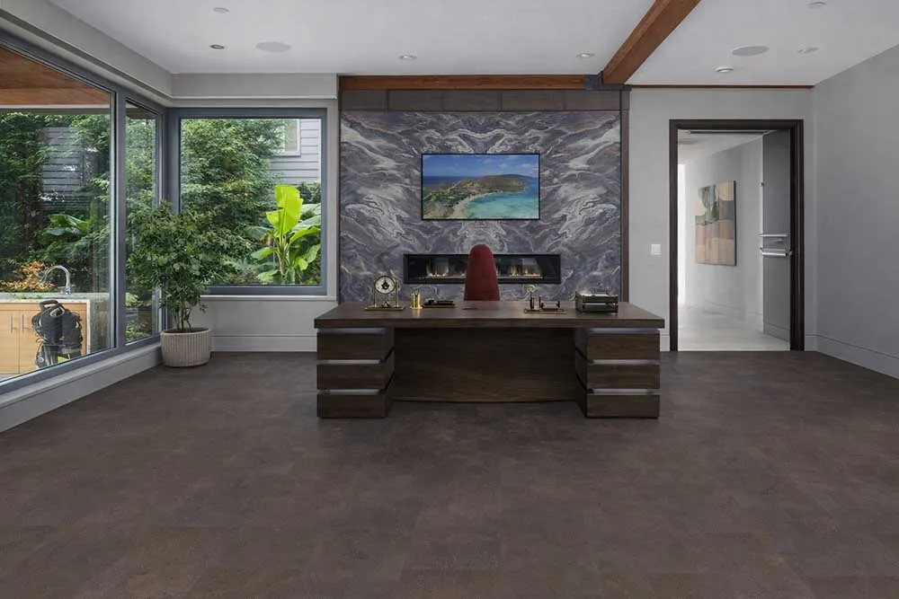 Luxury home office design featuring Onxy Swiss cork flooring, natural cork flooring for stylish interiors.