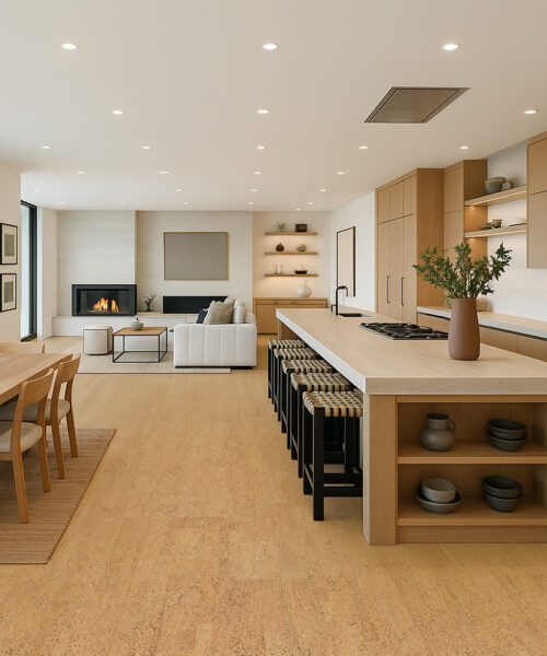 Kitchen and dining space with Rhythm Swiss cork flooring.