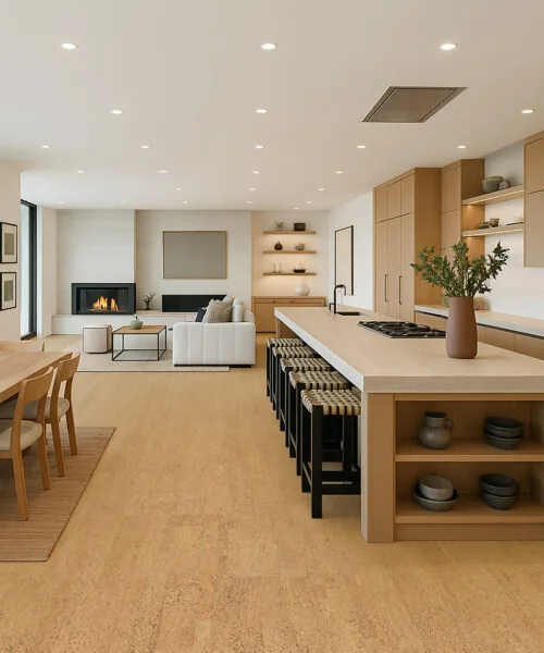 Kitchen and dining space with Rhythm Swiss cork flooring.