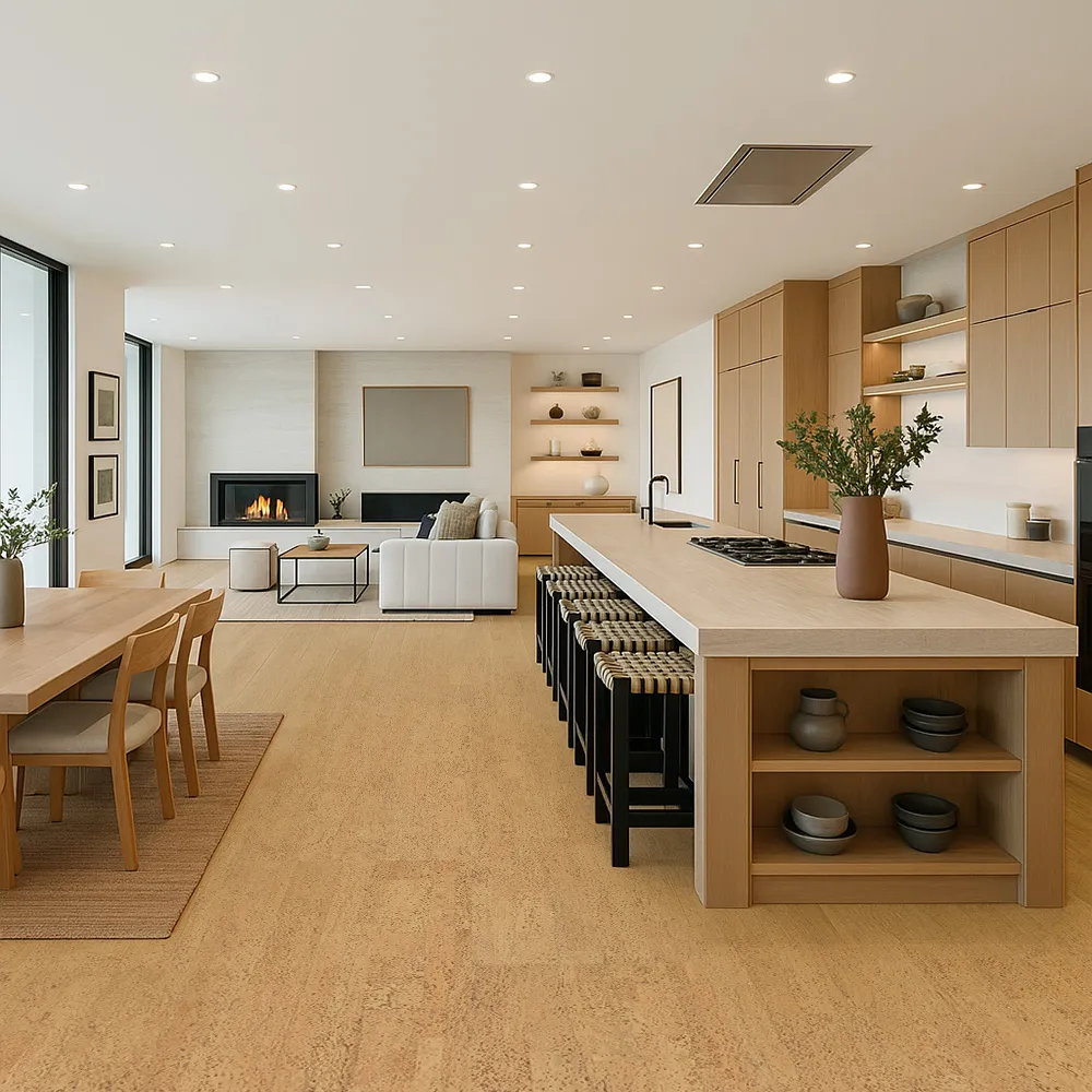 Kitchen and dining space with Rhythm Swiss cork flooring.