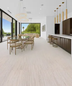Vertical - 7/16" (11mm) - Swiss Real Cork Floating (FVtc11) pen-plan dining and kitchen area with panoramic windows and Vertical Swiss cork flooring, combining light texture, sustainability, and modern sophistication
