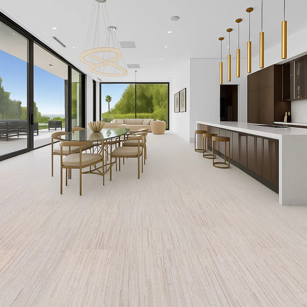 Vertical - 7/16" (11mm) - Swiss Real Cork Floating (FVtc11) pen-plan dining and kitchen area with panoramic windows and Vertical Swiss cork flooring, combining light texture, sustainability, and modern sophistication
