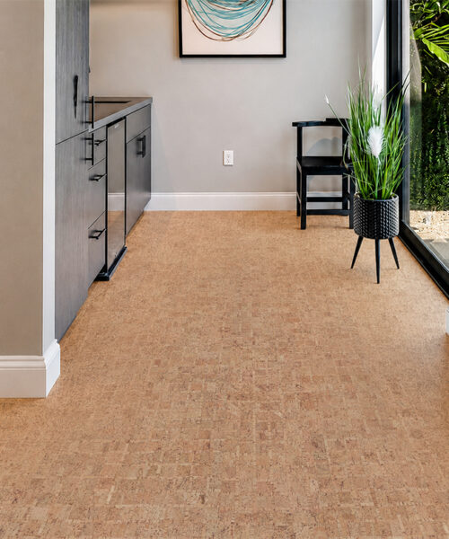 ParCork Swiss Real Cork floating flooring in warm tan planks brightens a contemporary hallway.