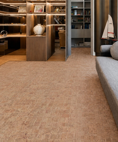 ParCork eco-friendly cork flooring in soft brown tones complements a living room and built-in office.