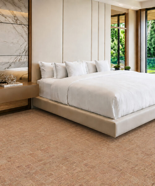 ParCork floating cork flooring with a natural mosaic pattern creates a warm, comfortable bedroom surface.