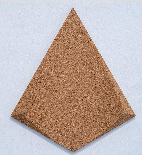 Petal natural acoustic cork wall panel pyramid home theater podcast studio music room office feature wall.