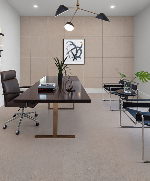 Modern office with Porto Mist Swiss Natural Cork Flooring and matching cork wall panels.