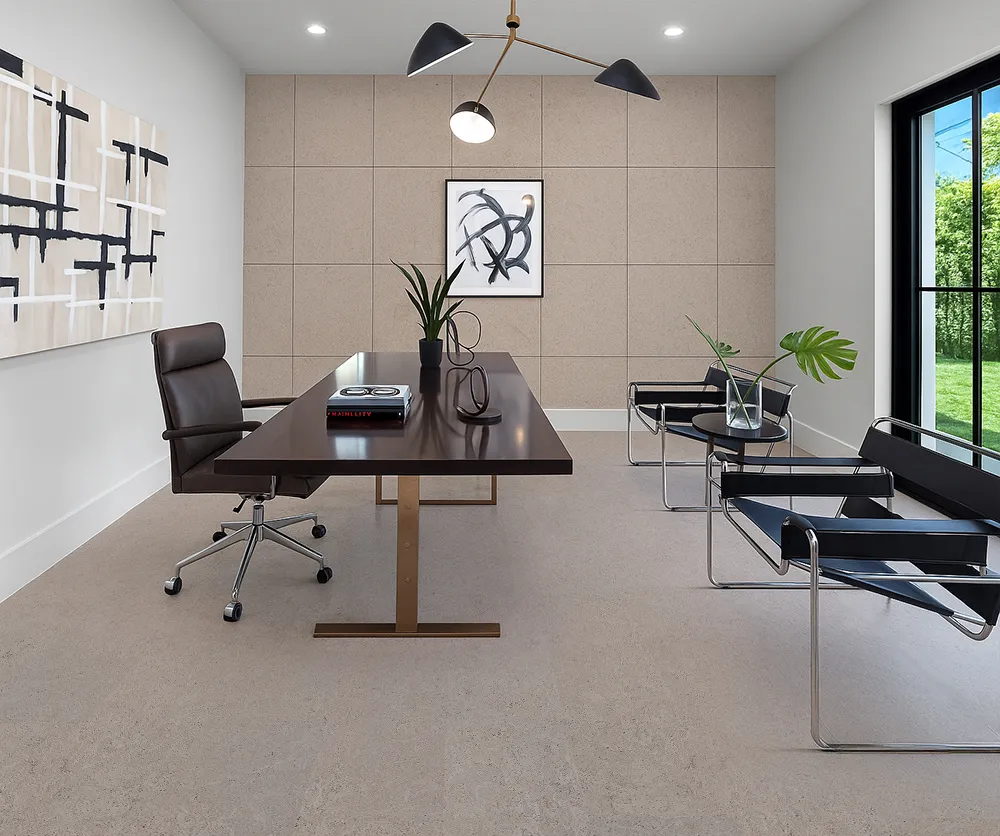 Modern office with Porto Mist Swiss Natural Cork Flooring and matching cork wall panels.
