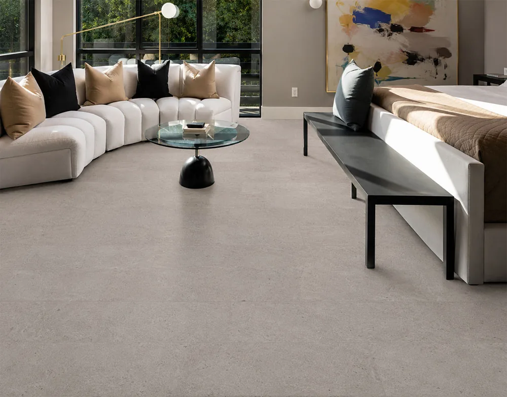 Porto Mist - 7/16" (11mm) - Swiss Real Cork Floating (FPM11) Elegant bedroom featuring Porto Mist cork flooring that adds warmth and comfort underfoot