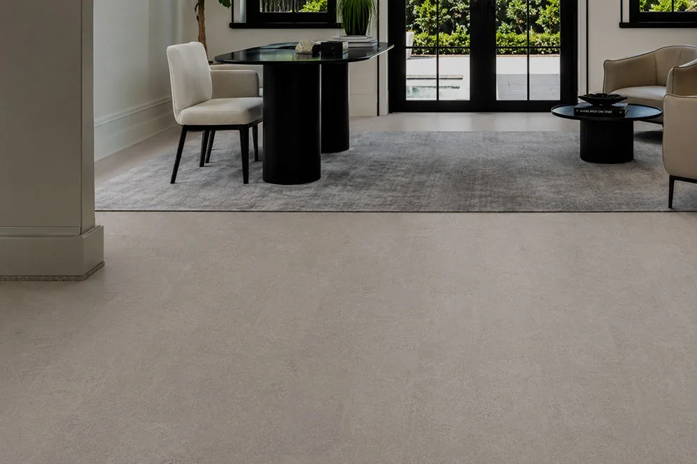 Porto Mist - 7/16" (11mm) - Swiss Real Cork Floating (FPM11) Modern dining room featuring Porto Mist cork flooring with a seamless natural cork appearance