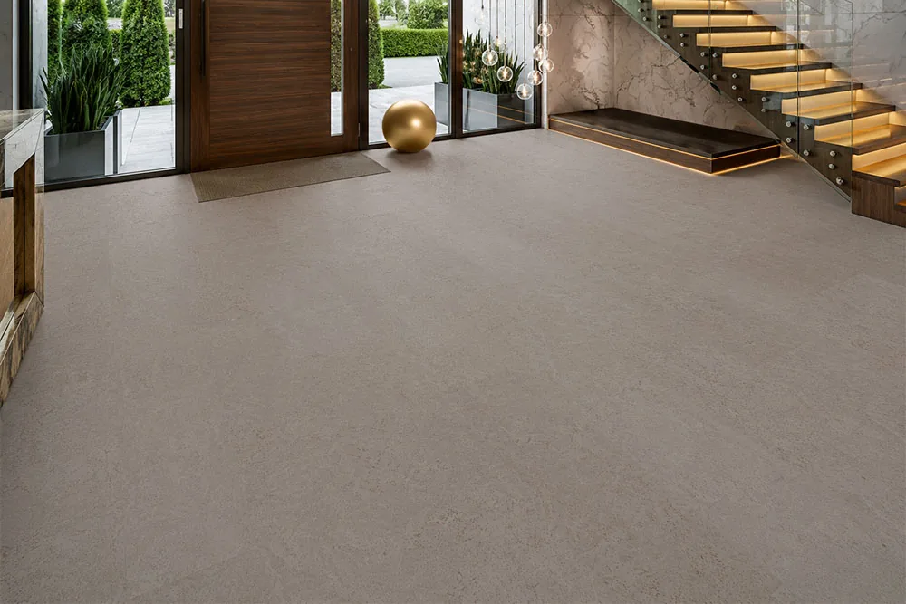 Porto Mist - 7/16" (11mm) - Swiss Real Cork Floating (FPM11) Bright luxury foyer featuring Porto Mist cork flooring with a clean minimalist design
