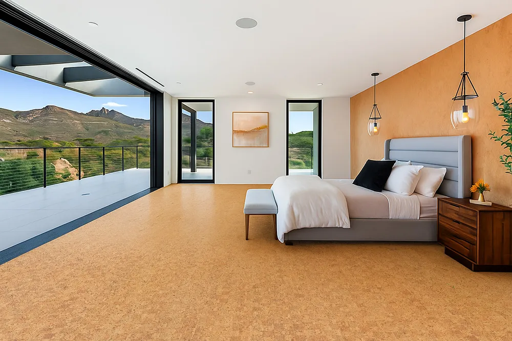Peaceful master bedroom with panoramic mountain views and Quodro Swiss cork flooring, bringing softness and natural warmth underfoot.