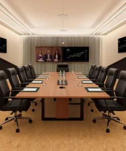 Executive conference room with ergonomic chairs and sleek table over Quodro Swiss cork flooring, designed for comfort and acoustic control.