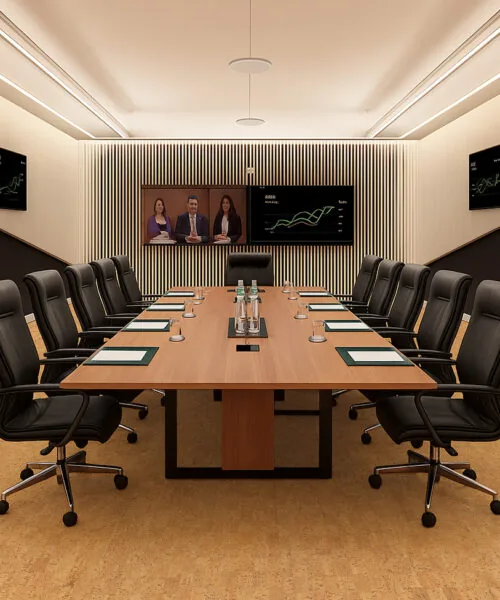 Quadro-B - 7/16” (11mm) - Swiss Real Cork Floating (FQuaB11) Executive conference room with ergonomic chairs and sleek table over Quodro Swiss cork flooring, designed for comfort and acoustic control.
