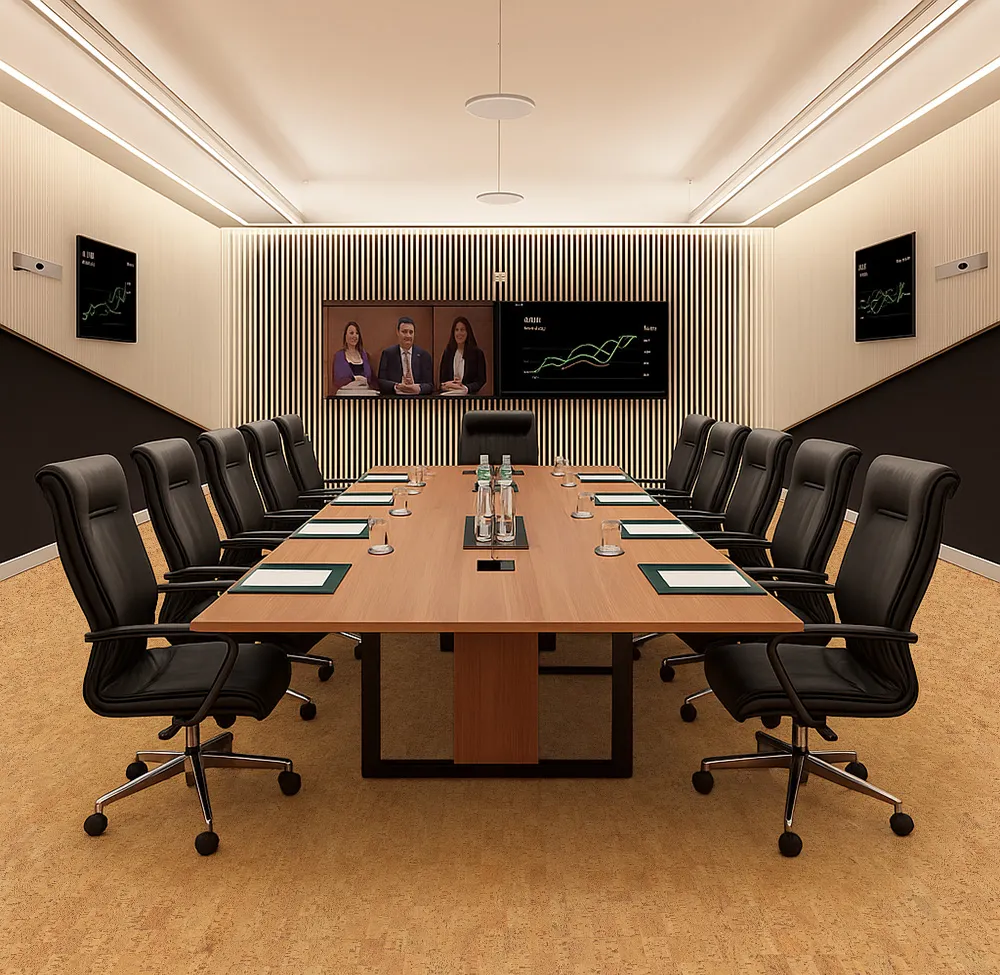 Executive conference room with ergonomic chairs and sleek table over Quodro Swiss cork flooring, designed for comfort and acoustic control.