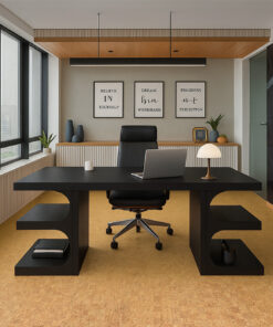 Minimalist home office with black furniture, large windows, and Quodro Swiss cork flooring providing a quiet, stylish, and eco-friendly workspace.