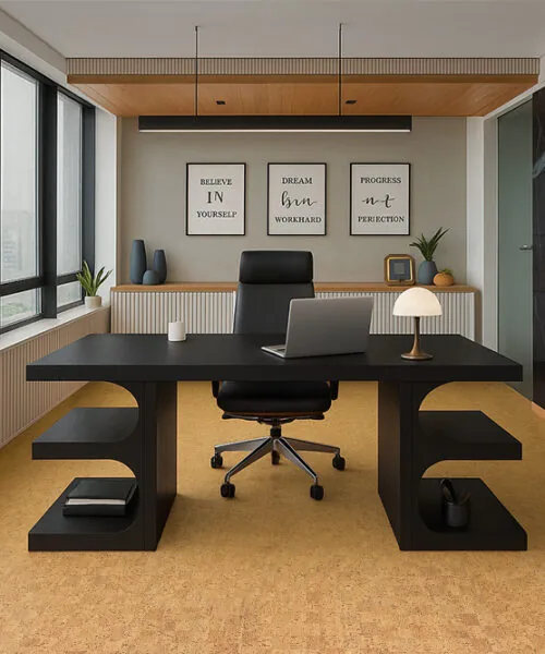 Quadro-B - 7/16” (11mm) - Swiss Real Cork Floating (FQuaB11) Minimalist home office with black furniture, large windows, and Quodro Swiss cork flooring providing a quiet, stylish, and eco-friendly workspace.