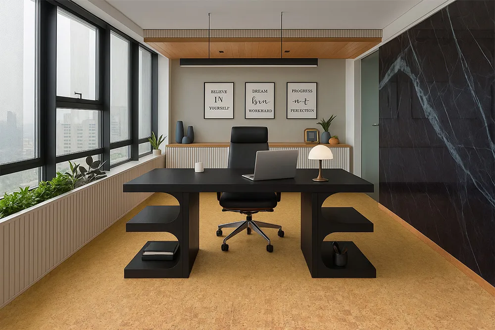 Minimalist home office with black furniture, large windows, and Quodro Swiss cork flooring providing a quiet, stylish, and eco-friendly workspace.