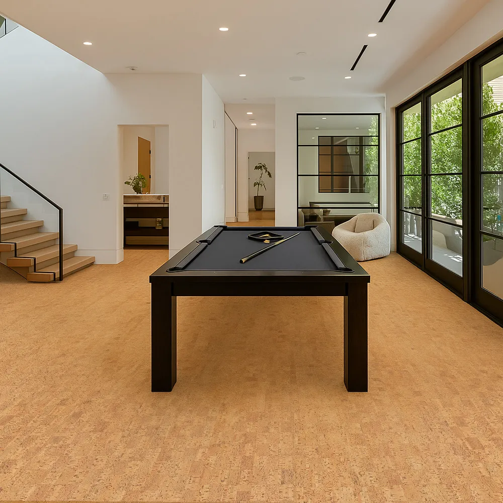 Modern recreation room with billiard table and open windows showcasing Quodro Swiss cork flooring’s natural texture and sound-reducing surface.