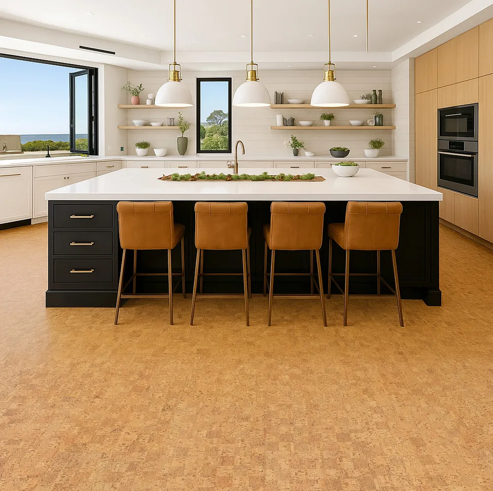 Contemporary kitchen with wood cabinetry and black island accented by Quodro Swiss cork flooring in golden beige, creating a cozy, quiet atmosphere.